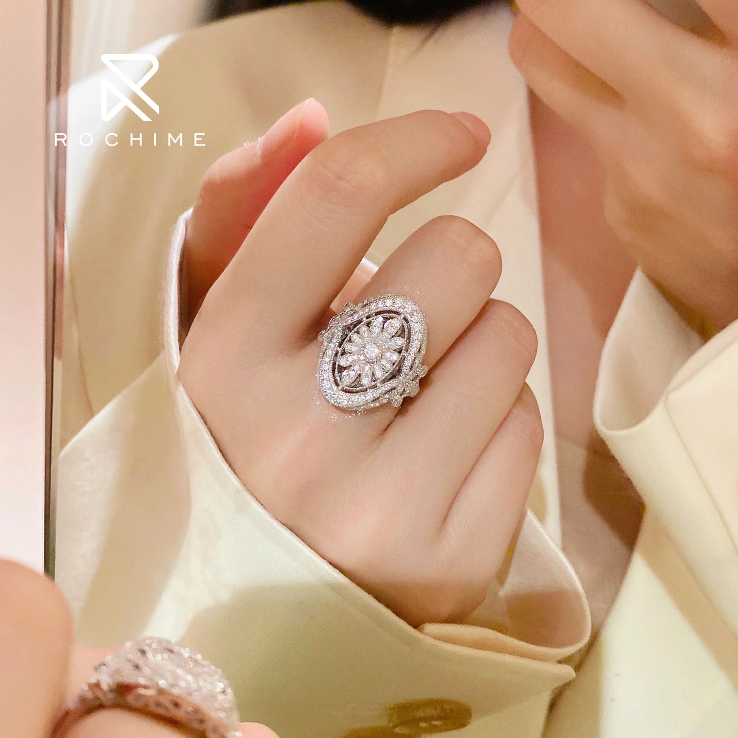 Rochime Luxury Design  Shiny Iced Out Diamond Zircon Rings 925 Silver Jewelry  Ring