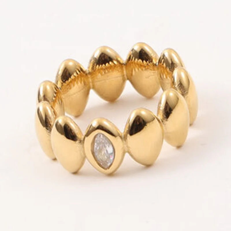Punk Style Women Fashion Minimalist Dainty Jewelry 18k Gold Plated Stainless Steel Ovals Shape Splicing Cubic Zircon Ring