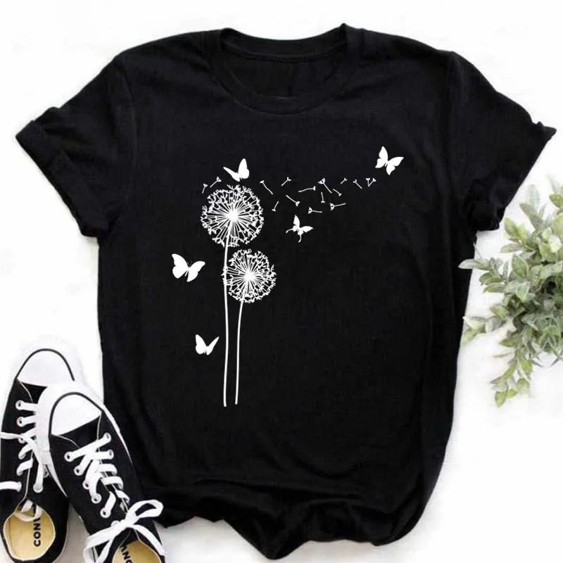 Women's Latest Dandelion Flutters Print Large Size O Collar Casual Sports T-shirt