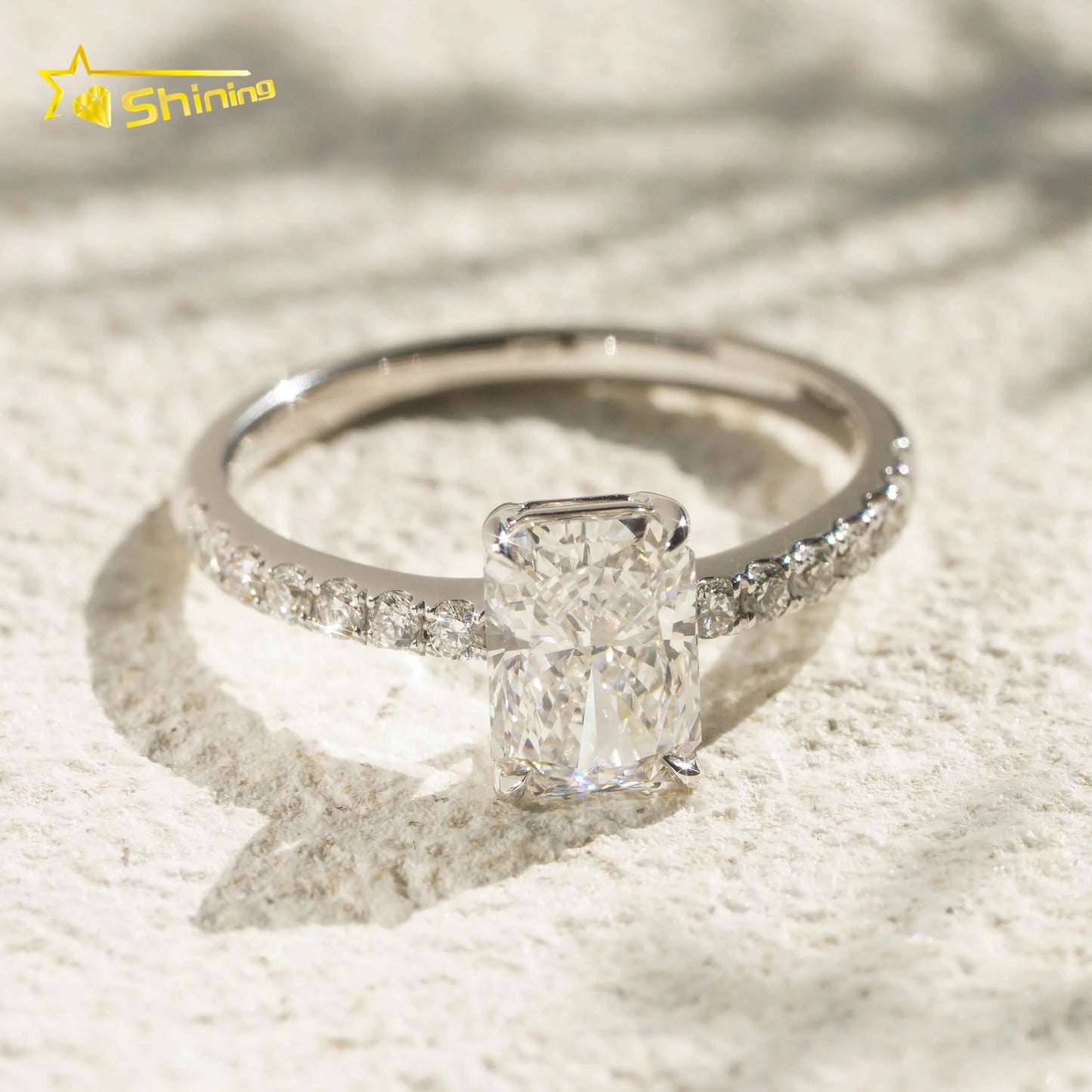 18K Real Solid White Gold Radiant Cut Lab Grown Diamond Half Band Eternity Diamond Ring Fine Jewelry for Women Daily Use Wear