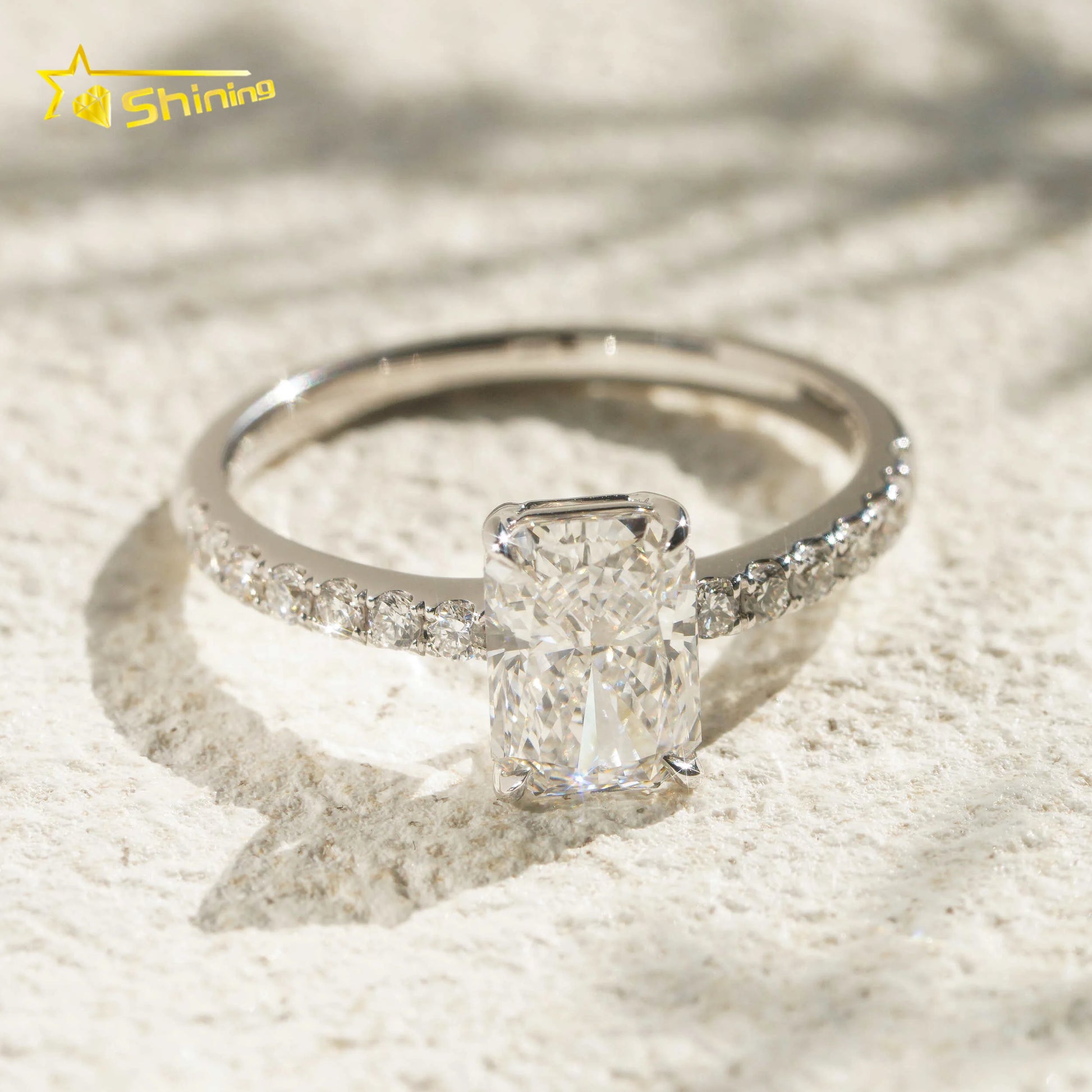 18K Real Solid White Gold Radiant Cut Lab Grown Diamond Half Band Eternity Diamond Ring Fine Jewelry for Women Daily Use Wear