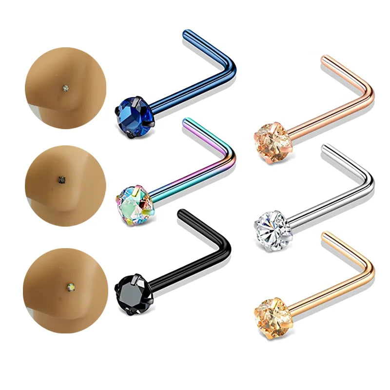 ZF 20G 316L Stainless Steel Nose Studs Rings L Shaped Hypoallergenic Shiny CZ Labret Ear Stud Tragus Earring Cartilage Wholes