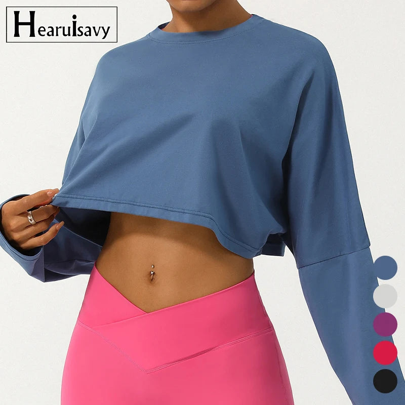 HEARUISAVY 2024 Spring Summer Women Yoga Wear Tops Round Neck Loose Running Sports T-shirt Outdoor Short Navel Long Sleeved T