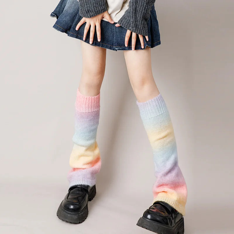 Fall Winter Gradient Rainbow Women Y2k Leg Warmers Harajuku Gothic Style Warm Knit Leg Warmers