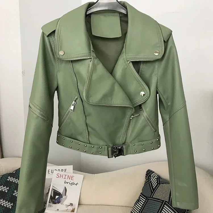 2024 Faux Leather Jacket New Spring Woman Short Lapel Zipper Belt Biker Coats Fashion Streetwear Mujer Tops