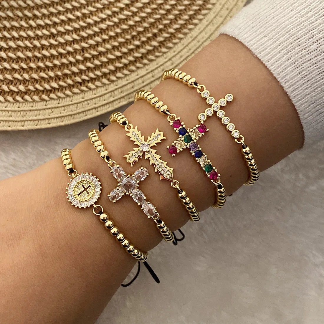 2024 Fashion Trend High Quality Bracelet Copper Gold Plated Jewellery Beaded Black Cord  Cross Pendant Woven Bracelet for Wom