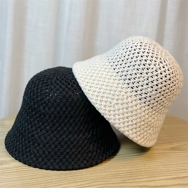 2024 Straw Floppy Top Summer Foldable Dome Bucket Hat Hollow Out Plain Beach Caps Handmade Crochet Soft Women Hat