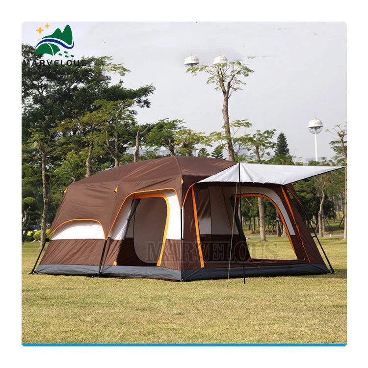 Easy-to-Set-Up Double-Layer Outdoor Tent Waterproof Oxford Fabric Fiberglass Poles Two Bedrooms-for Summer Camping Beach Hiki