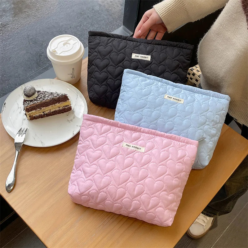 WinStart Custom Logo Embroidered Fashion Puffy Puffer Heart Quilted Polyester Zipper Travel Storage Cosmetic Makeup Bags