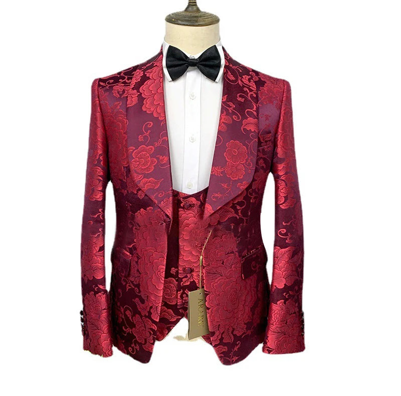 Suit Men's Dress High-end Pattern Banquet Wedding Green Fruit Collar Three Piece Dance Men's Suit