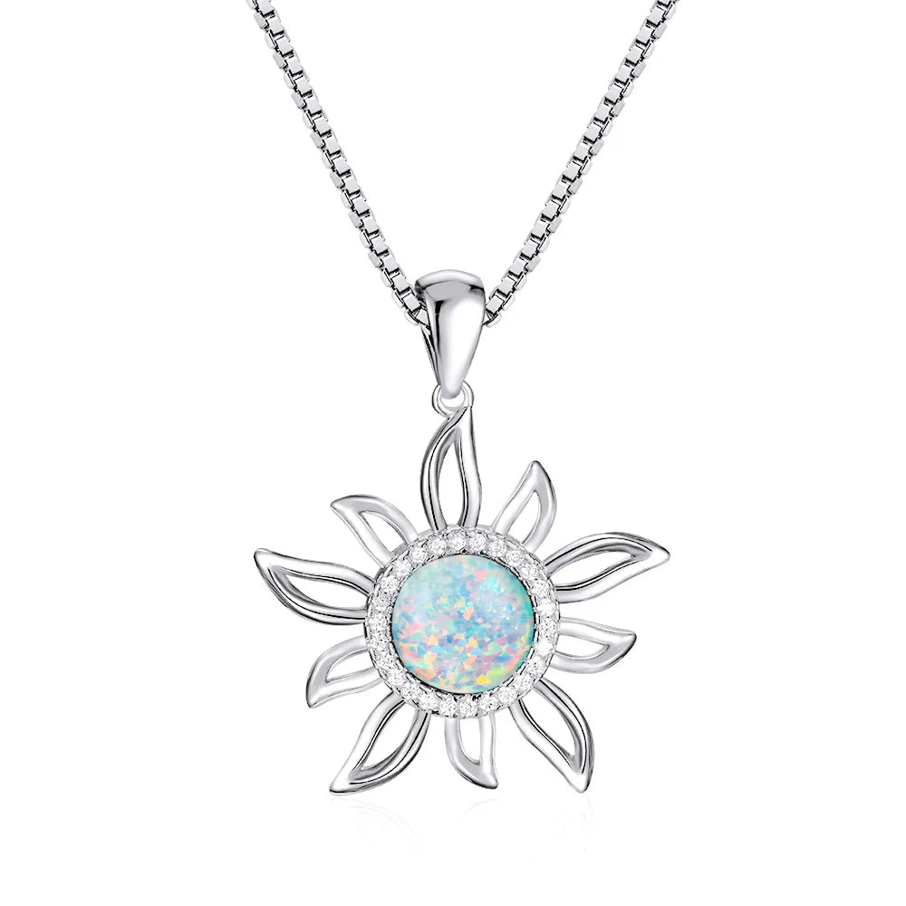 Wholesale Beautiful Ocean Blue Opal Sunflower Sun Symbol Pendant Necklace