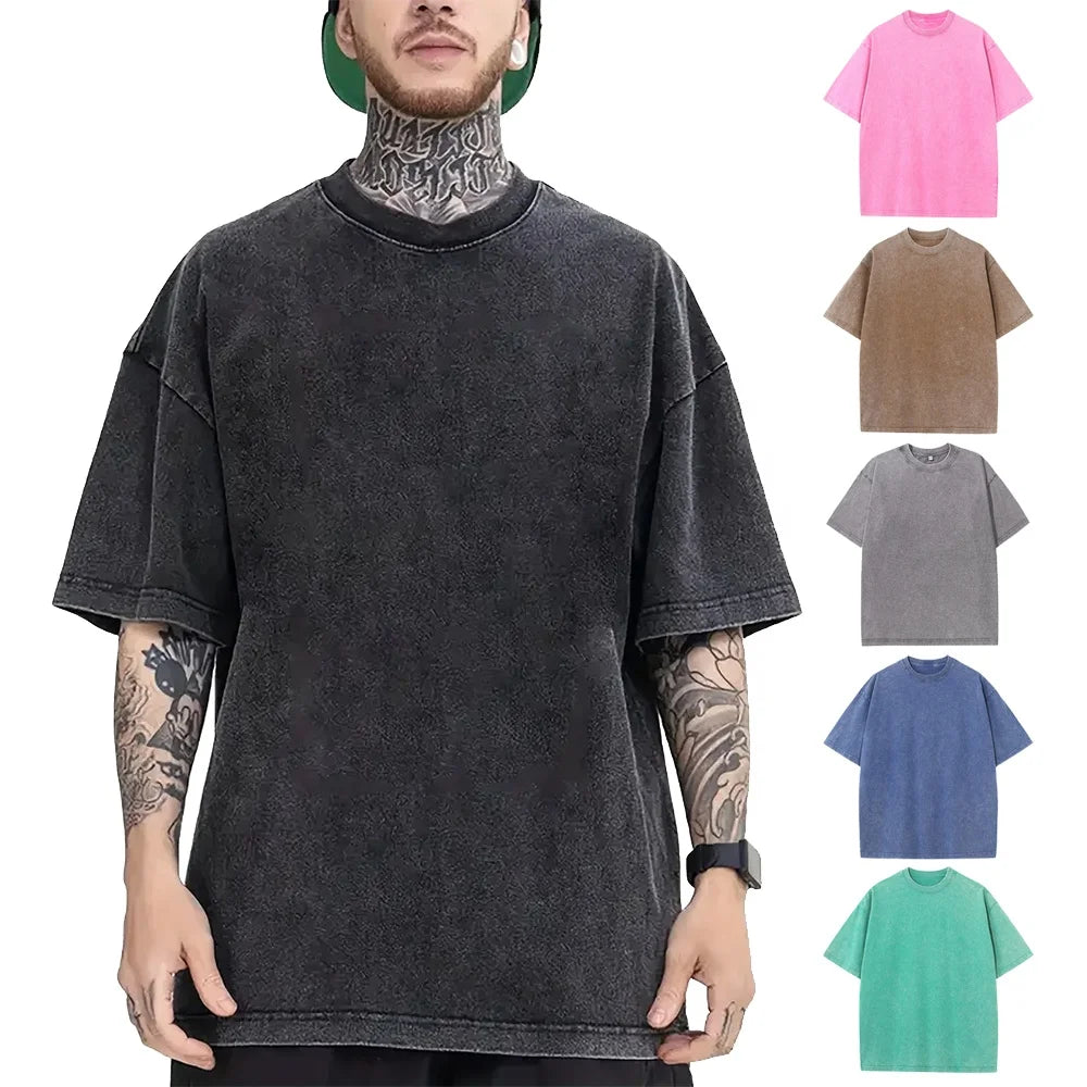 Spring Summer Vintage Distressed Washed Men Oversized Solid Knitted Custom Your Own Logo 100% Cotton Heavyweight Acid Wash