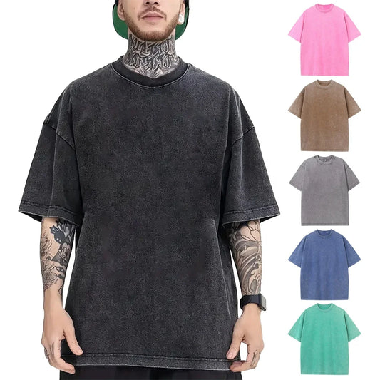 Spring Summer Vintage Distressed Washed Men Oversized Solid Knitted Custom Your Own Logo 100% Cotton Heavyweight Acid Wash