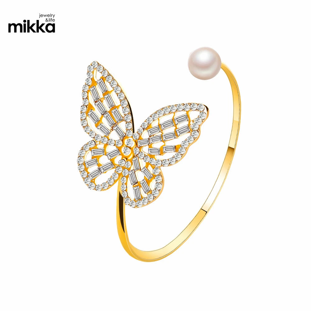 New Hot Selling Hollow Crystal Zircon Butterfly Bangle Exaggerated Pearl Bracelet Opening Adjustable Bracelet