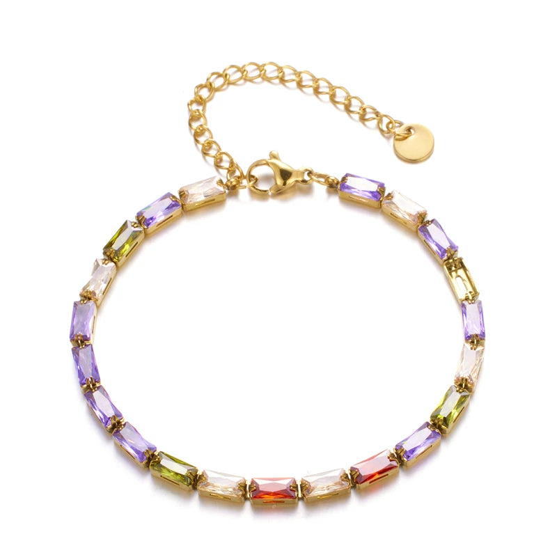 Wholesale Non Tarnish Gold Plated Stainless Steel Chain Colorful Oblong Zircon Beaded Fashion Bracelets for Ladies & Girls