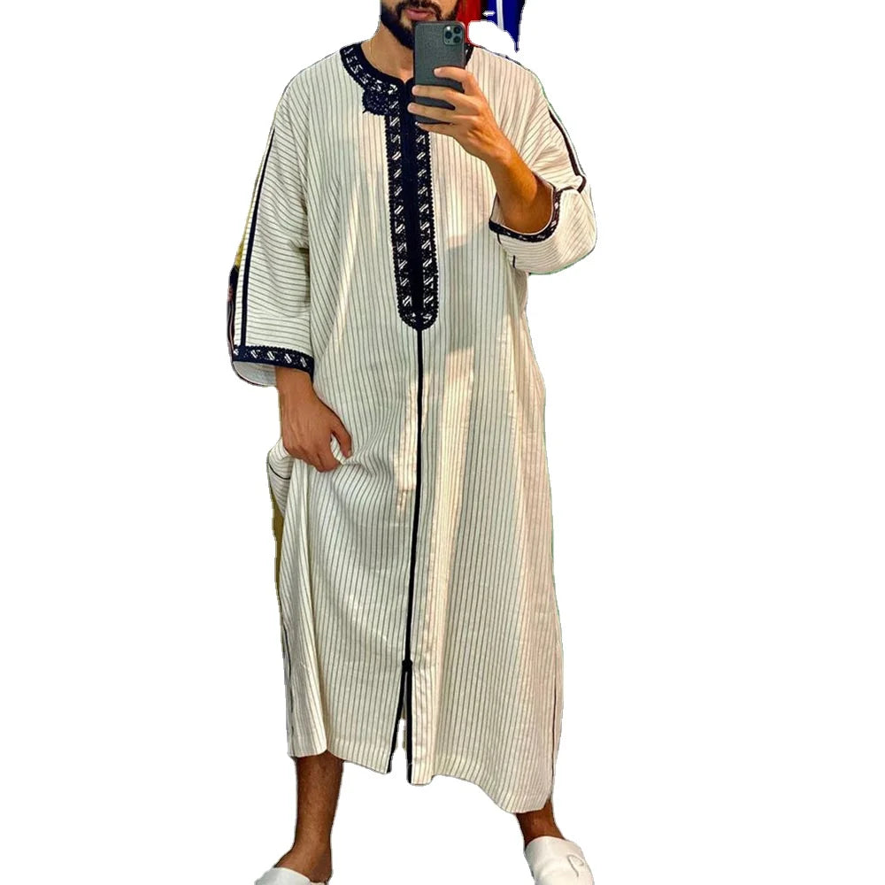 M-4XL African Ethnic Style Men's Long Embroidered Casual Muslim Robe Long Sleeved Round Necked Robe