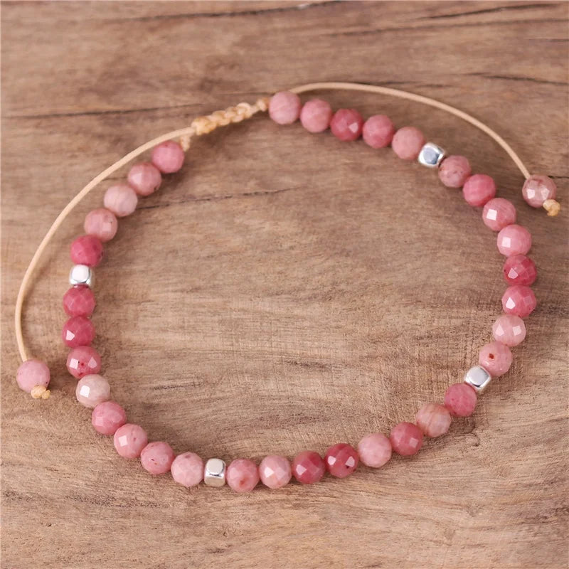 Popular Jewelry Natural Stone 4mm Rhodonite Beads Dainty Bracelet Women Cord Braided Tibetan Adjustable Bracelet Friendship J