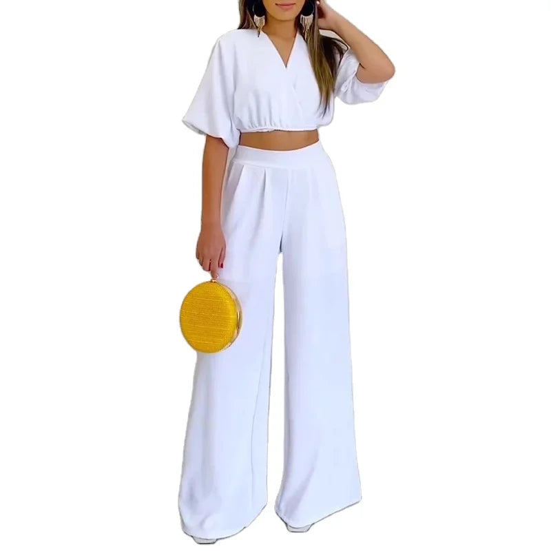Women's Clothing  S-2XL European and American Oversized Summer V-neck Short Sleeved Top High Waisted Wide Leg Pants Fashion S
