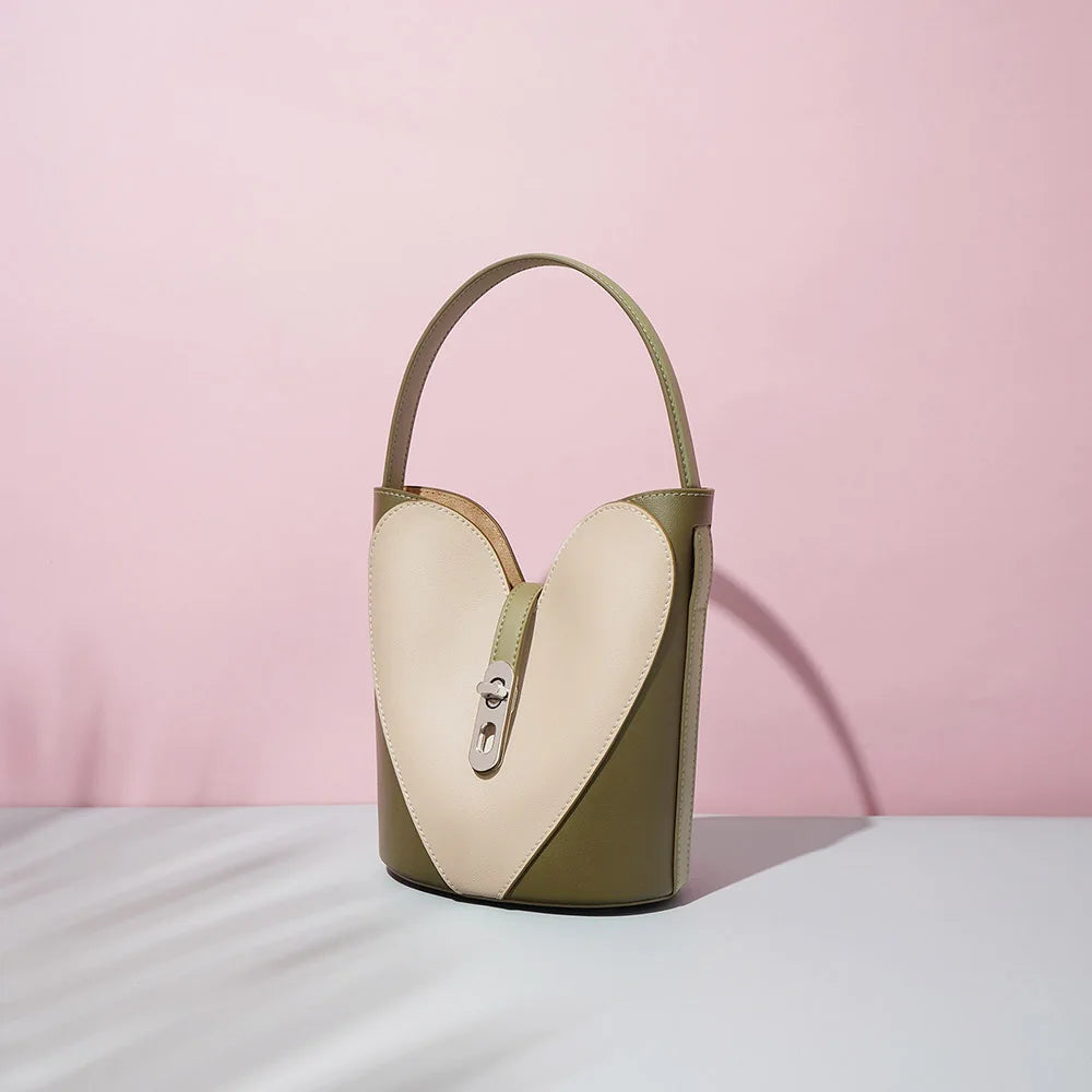 Luxury Heart-Shaped Split Leather Handbag Premium Cowhide Women Shoulder Bag Creative Design Top-Handle Purse Chic Female Tot