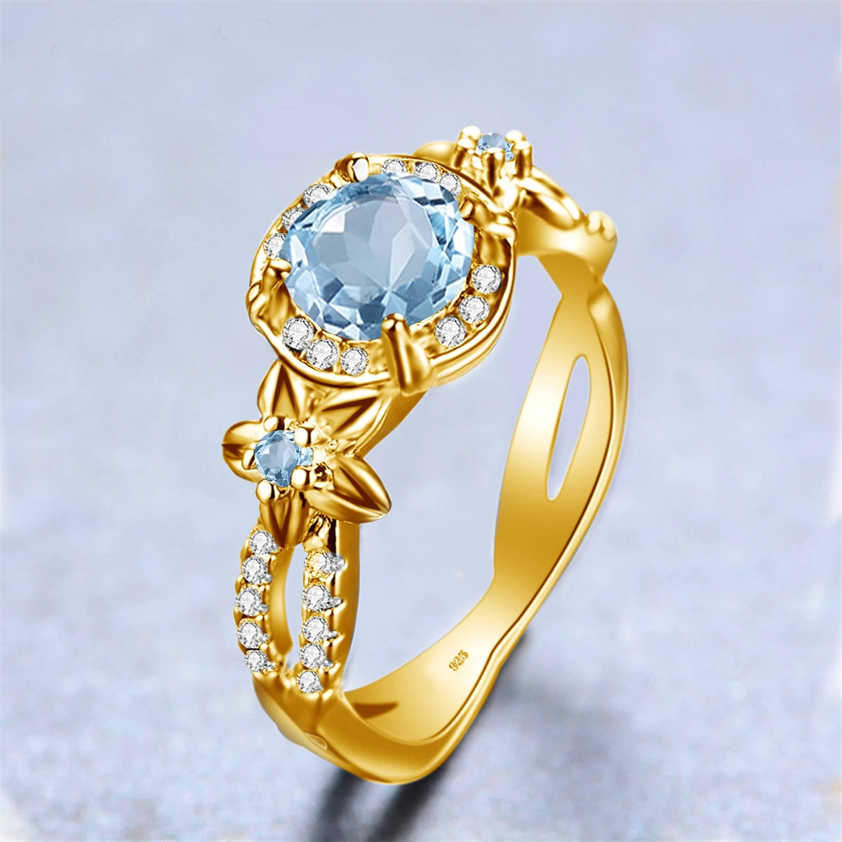 Custom Classic 18K Gold Plated 925 Sterling Silver Wedding Rings Gemstone Aquamarine Designer Fine Jewelry for Women