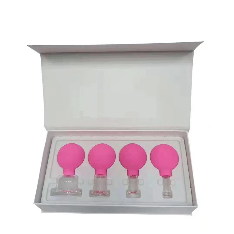 Rose Color Vacuum Cupping Set of 4 Rubber Suction Glass Cupping Set for Body Facial Cupping Massager