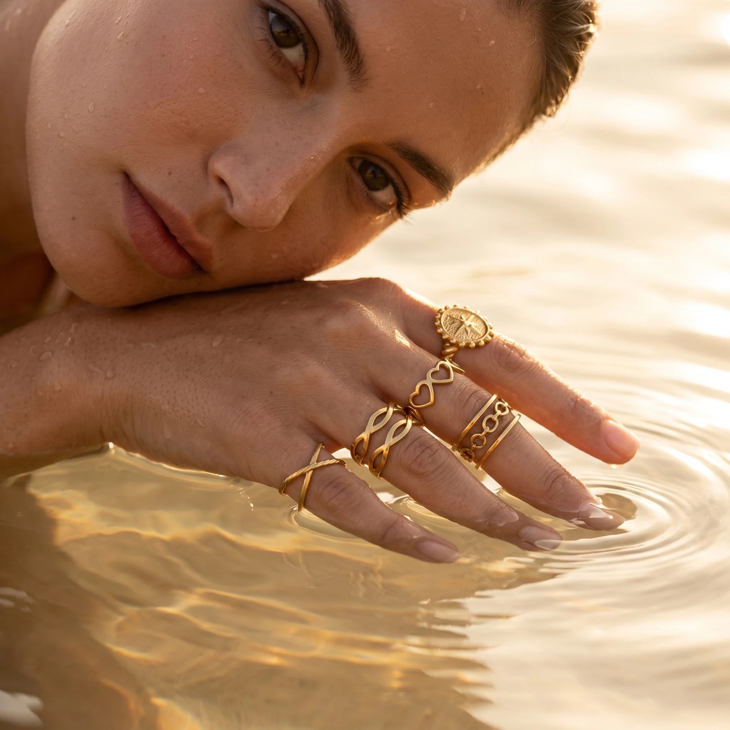 QIAOREN 10710 Tarnish Resistant 18K Gold Plated Stainless Steel Ring Watch Set 5Pcs Adjustable Open Stackable Quartz Rings Wo