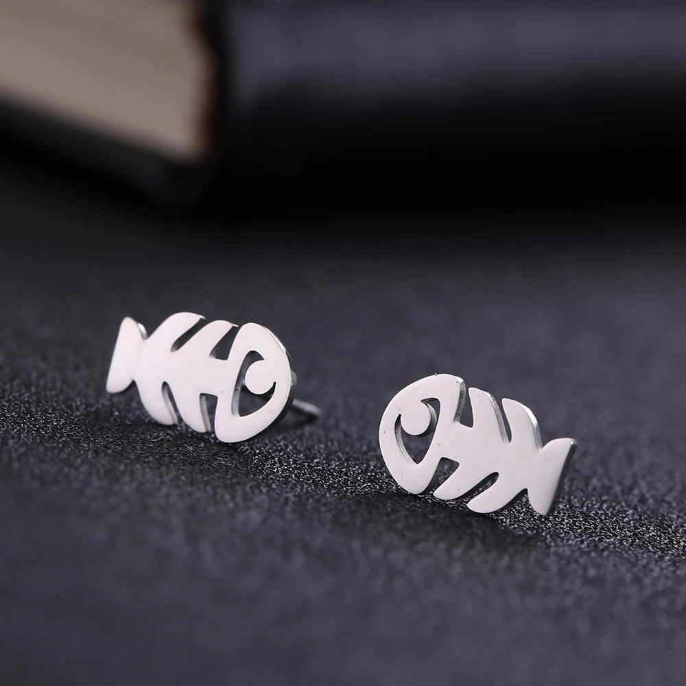 Animal Stud Earrings Fish Bone Fish Stainless Steel Earrings Fashion Jewelry Accessories Gift for Women Men