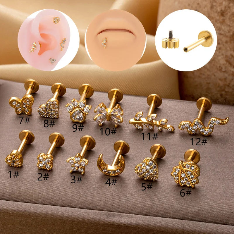 1.2X8MM Stainless Steel Inner Threaded Rod Heart Star Butterfly Leaf Snake Shape Lip Nail Ear Bone Nail Piercing Jewelry