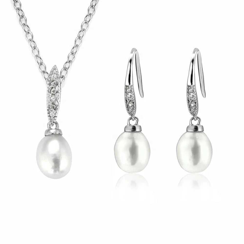Simple Design 925 Sterling Silver Drop Cultured Pearl Earring Necklace Set Women Jewelry AAA Grade 6.5-7mm 8-8.5mm Pearls Gol