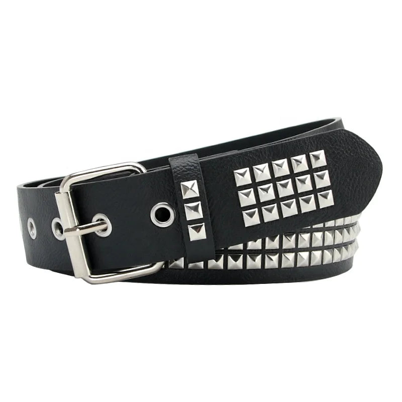 JULUN PU Belt Manufacture Women Studded Belt Black PU Strap Silver Square Pyramid Studs Punk Rock Fashion Waist Belt
