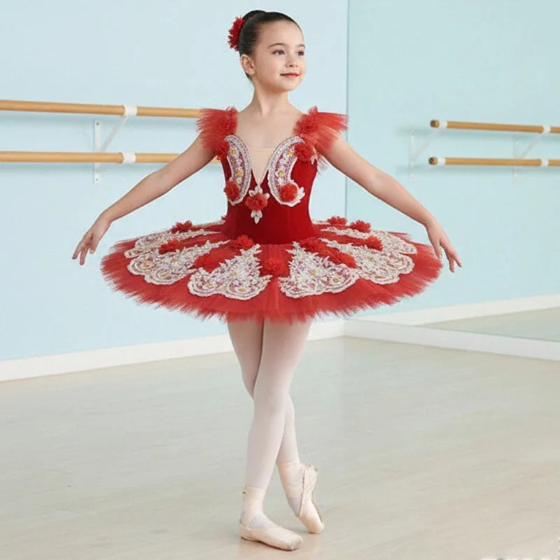 Red Girls Adult Sequined Leotard Ballet Dress Pancake Tutu Ballerina Costume Lyrical Dance Costume Swan Ballet Dancer Dress W