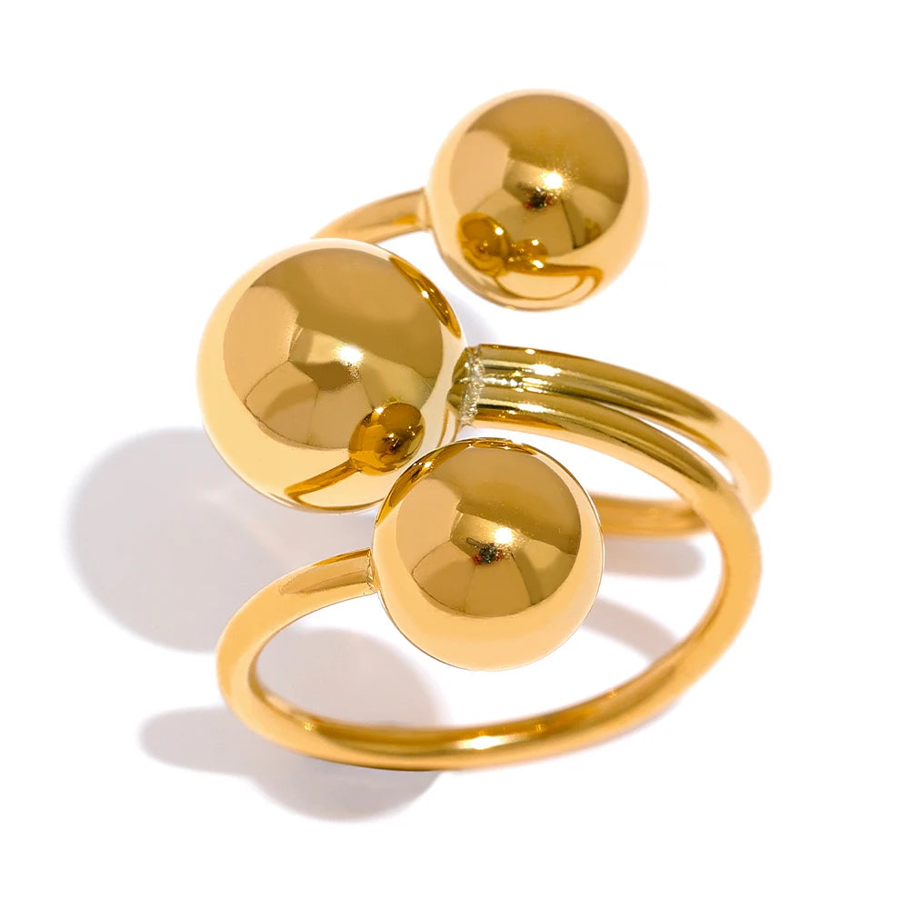 2026 Trendy Stainless Steel Multi-Layered Ring with Unique Big Bead 18 K Gold Plated Waterproof Metal Jewelry