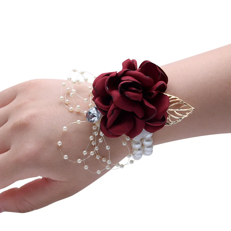 DREA Handmade Ribbon Rose Wrist Hand Flowers Corsage Bracelet Wrist Corsage for Bride Wedding