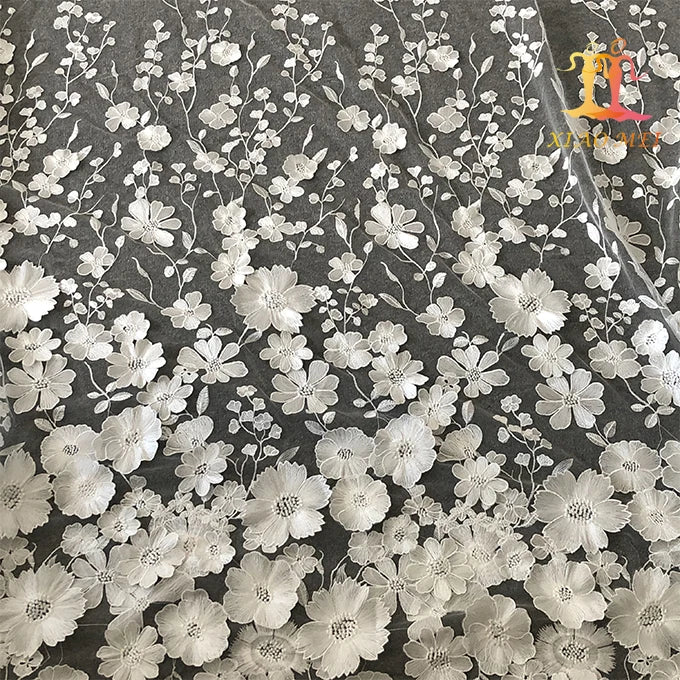 Wholesale Eco-Friendly Classic Style 100% Polyester Mesh 3D Fancy Embroidered White Bridal Wedding Dress Lace Fabric XM-BF047