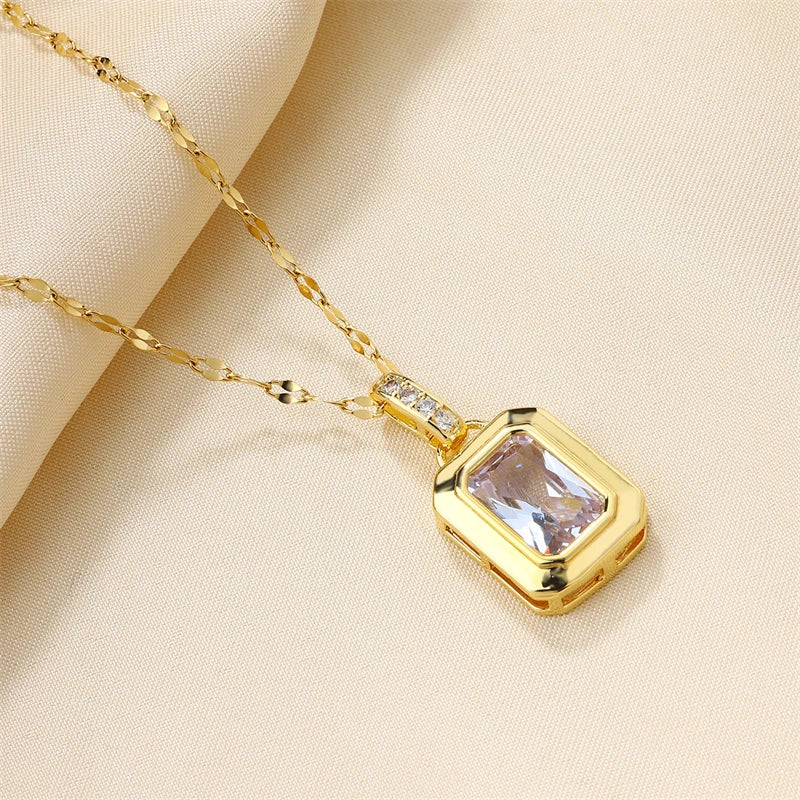 Women Fashion 18K Gold Plated Jewelry Stainless Steel Square Gems Pendant Necklace