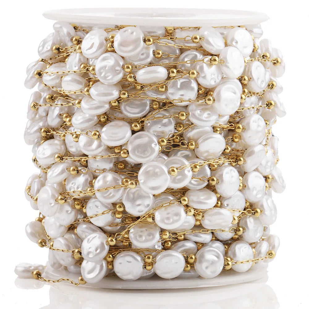 18K Gold Plated 5-Meter Roll Steel Body Chain 8mm Flat Baroque Imitation Pearl DIY Round Pattern Fine Jewelry Making Accessor