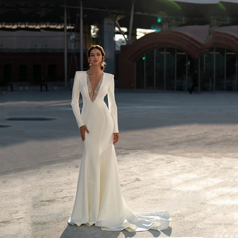 S0167G  New Terminal Temperament White Bride's Woodads Get Elegant Banquet Banquet Fish Tail Women's Long Sleeve Evening Dres