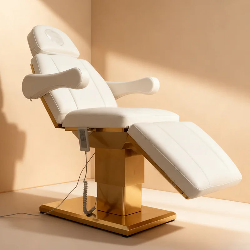 Modern White Gold Stainless Steel Base Leather Facial Spa Massage Table 3 Motor Electric Luxury Lash Bed