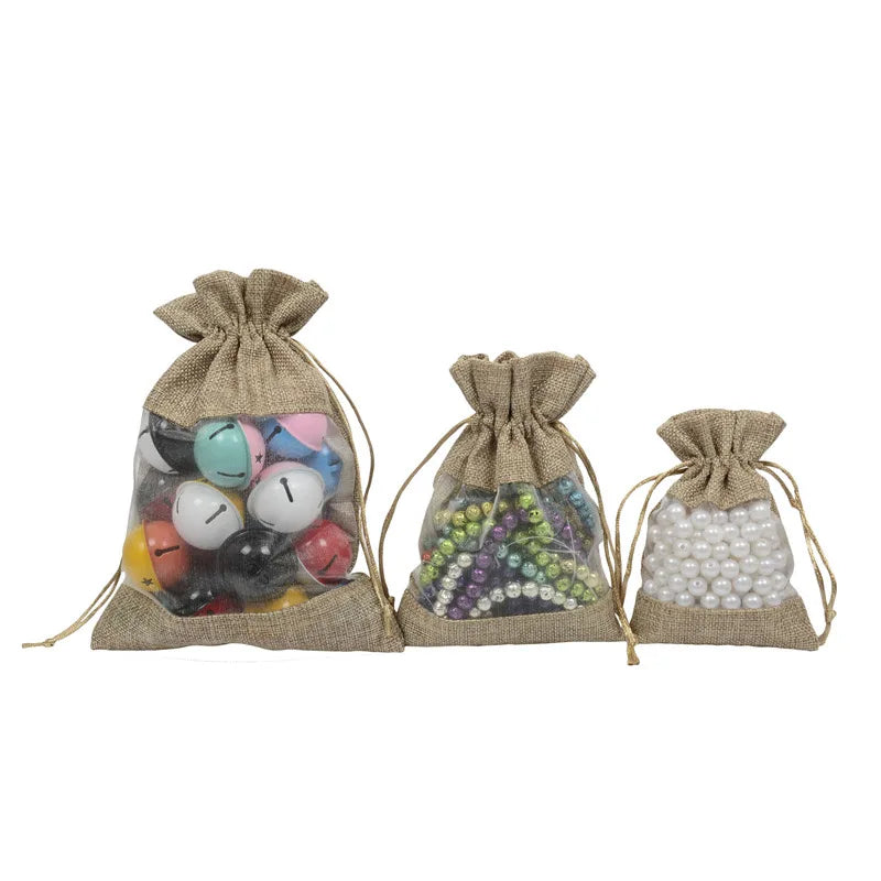 Wholesale Price Cheap Custom Jute Gift Drawstring Bag With Organza Window