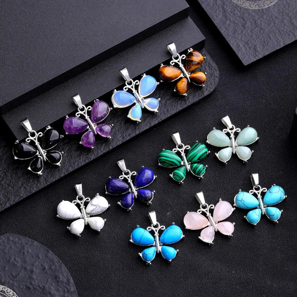 Vintage Natural Amethyst Rose Quartz Stone Butterfly Charm Healing Crystal Butterfly Necklace Pendant for DIY Accessory