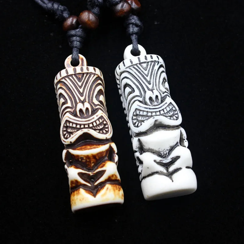 Hot Selling Men's Totem Amulet Necklace New Zealand Maori Tribal Resin Bone Carved Tiki Statue Pendant Necklace for Husband