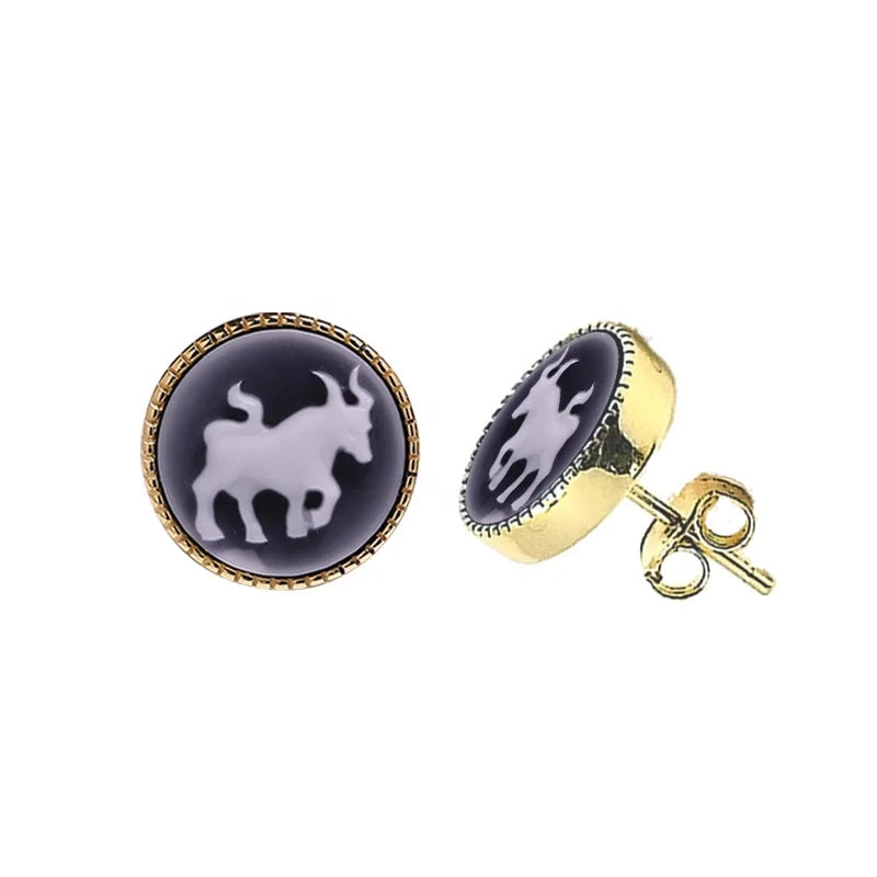 Heizun Custom Agate Cameo Jewelry Carved Twelve Constellations Zodiac Sign S925 Silver Stub Mini Earrings for Unisex