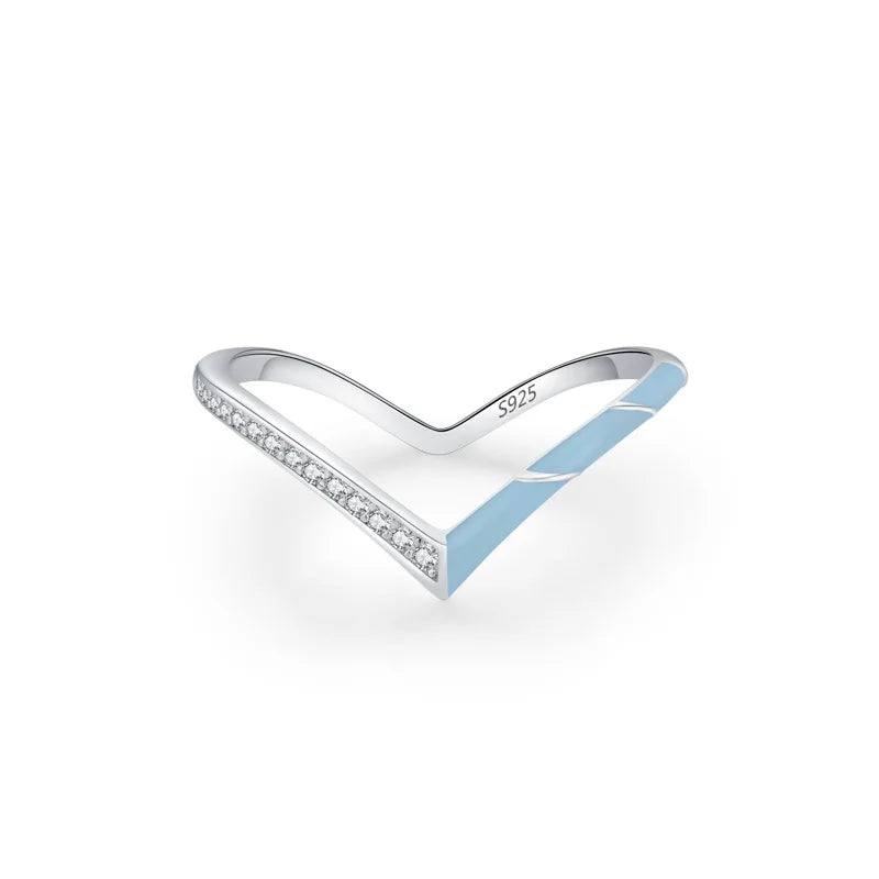 Elegant and Stylish 925 Sterling Silver Zircon Inlaid V-Shaped Index Finger Ring Blue Enamel and Rhodium Plated for Weddings
