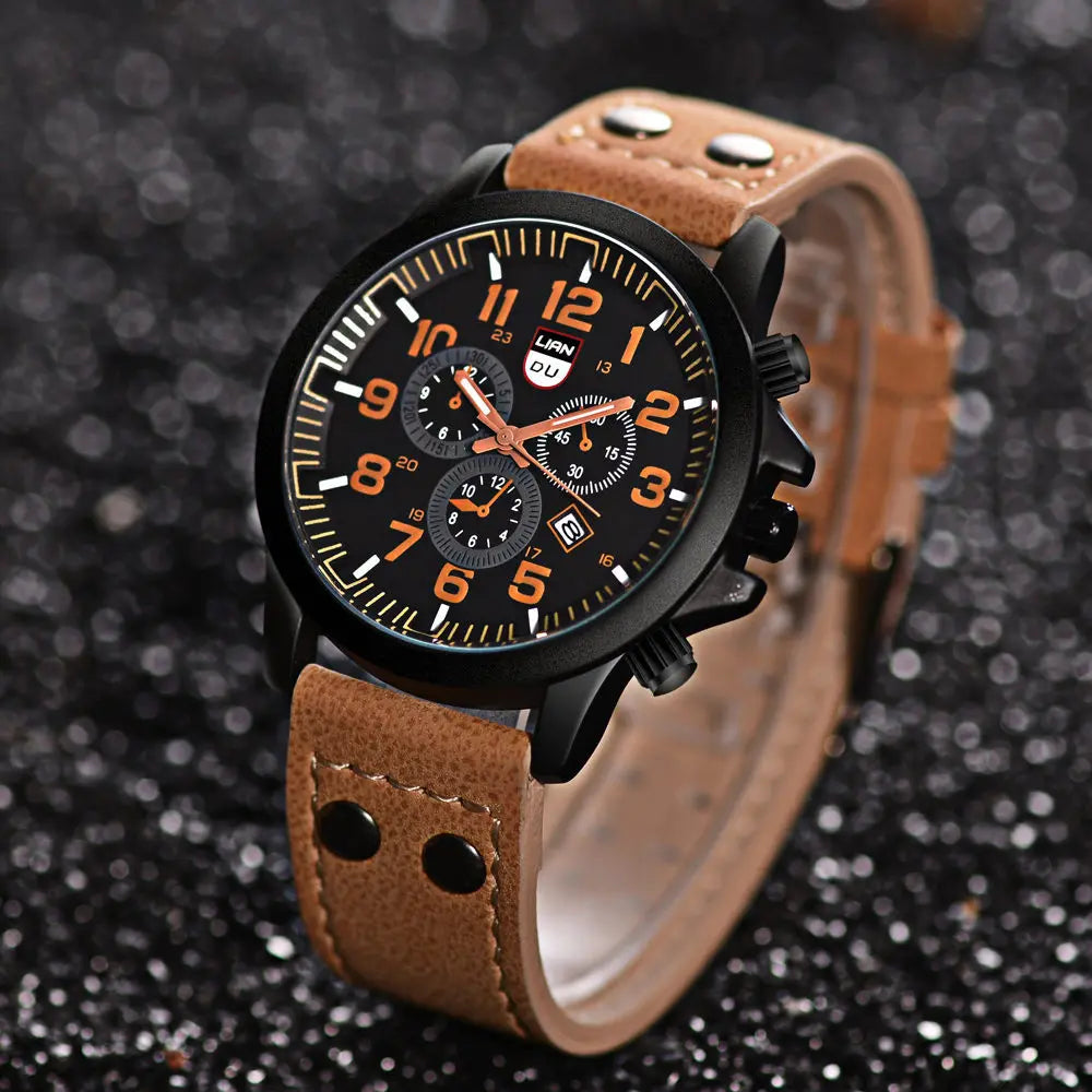Fashion Casual Men's Quartz Watch False Three Eye Calendar Watch Double Nail PU Leather Strap Wristwatch(WA028)