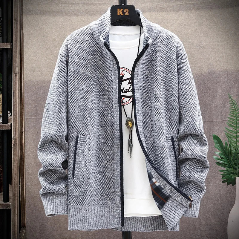 Men's Casual Fleece-Lined Padded Sweater Coat Solid Color Embroidery Decoration Anti-Shrink Autumn Winter Plus Size Knitted C