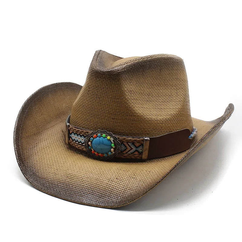 Hot Western Sunshade Spray Painted Men Women Outdoor Sunscreen Cowboy Hats Summer Straw Style Cowboy Hat