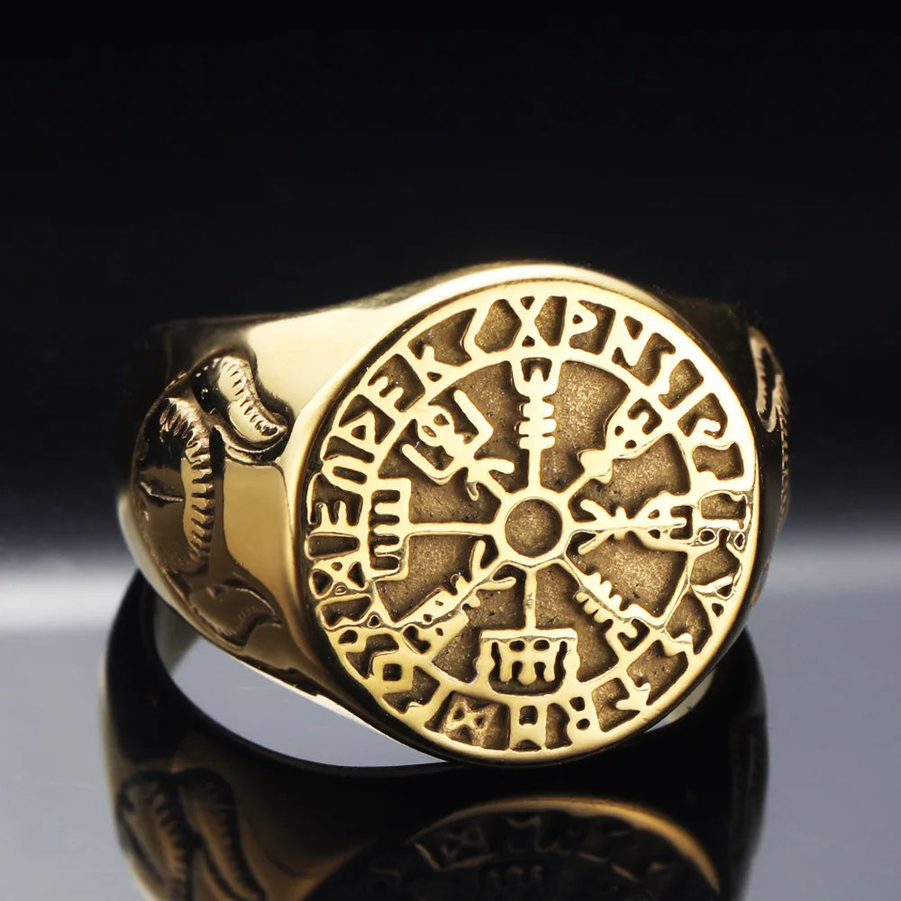 Classic Ox Horn Printing Round Chunky Big Finger Rings Silver Black Gold Plated Compass 316L Stainless Steel Rings