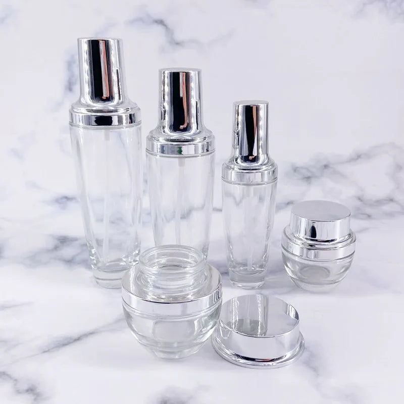 China Supplier Cosmetic Packaging 50ml Lotion Bottle and 30g Cream Jar Set Glass Spray Bottle for Skin Care Serum Model 50g
