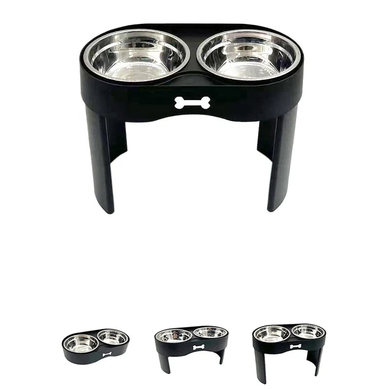 3 Heights Adjustable Detachable Elevated Pet Double Bowl Feeder ABS Stand 1200ml Stainless Steel Bowls for Dogs Cats
