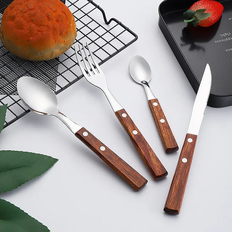 18-8 Stainless Steel Cutlery Handle Flatware and Fork Rosewood Sharp Steak Knife Household Soup Spoon Coffee Spoon